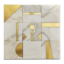 Soulscrafts Gold Brass Carrara Marble Blend Waterjet Mosaic Tile for Wall Decoration